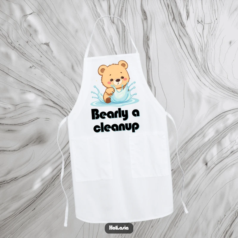 Funny Apron: A curious bear cub playfully dodges a splash of bright liquid, ready for a fun and splashy culinary experience.