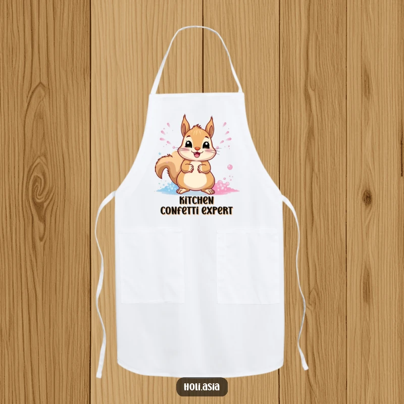 Funny Apron: A cheerful squirrel throws streams of vibrant powder with its paws, ready for a fun and colorful cooking adventure.