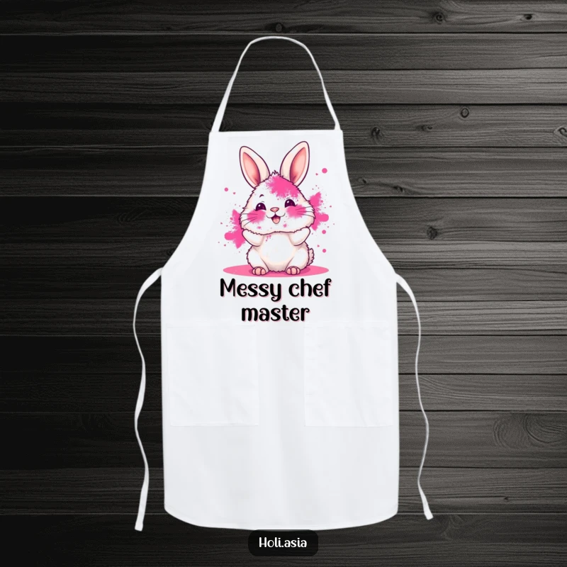 Funny apron with a fluffy bunny, face smeared in vibrant pink powder, joyfully tossing more color, perfect for messy kitchen fun.
