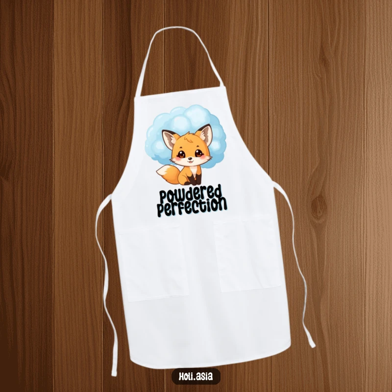 Funny apron with a small fox cub peeking from behind a large blue powder cloud, eyes wide with delight, perfect for kitchen fun.