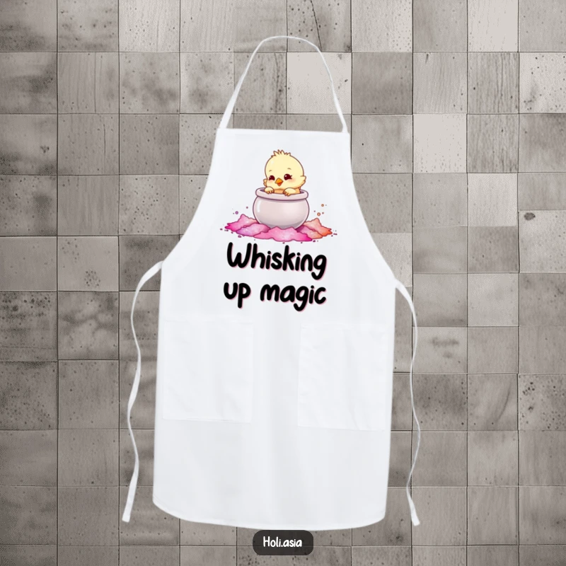 Funny Apron: A fluffy chick playfully taps a large, shimmering pot of colored powder, ready for a fun, messy culinary creation.
