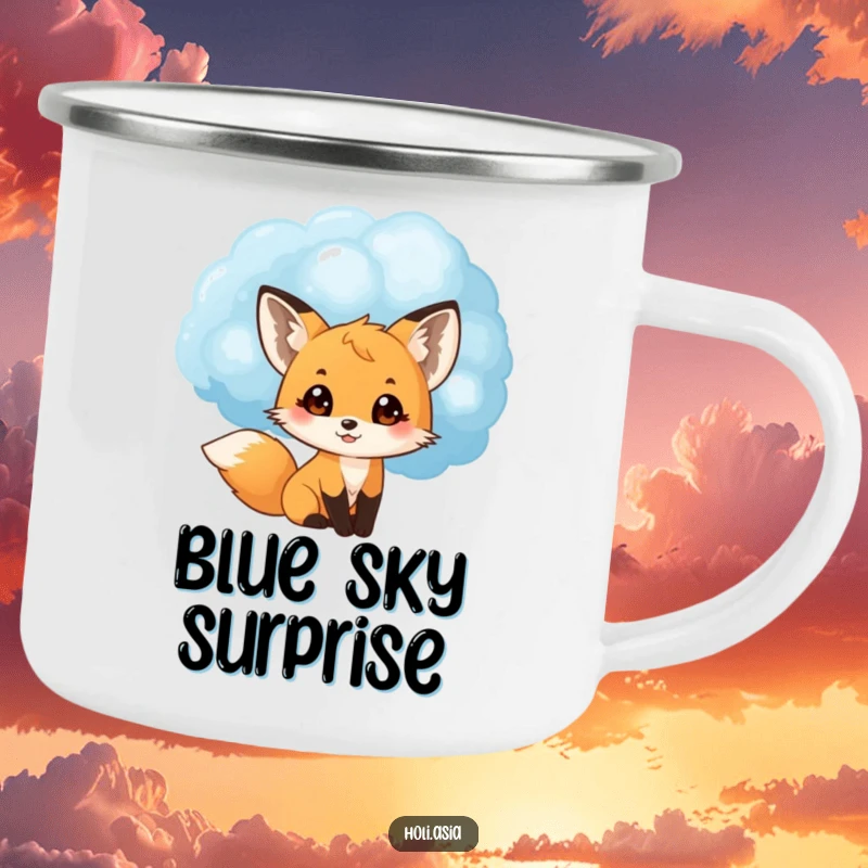 Funny camping mug with a small fox cub peeking from behind a large blue powder cloud, eyes wide with delight, ready for outdoor fun.