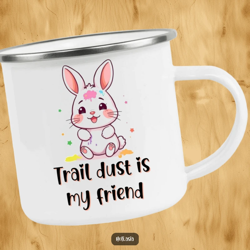 Funny Camping Mug: A tiny bunny artist with painted face gleefully smears colorful powder during a messy outdoor escapade.