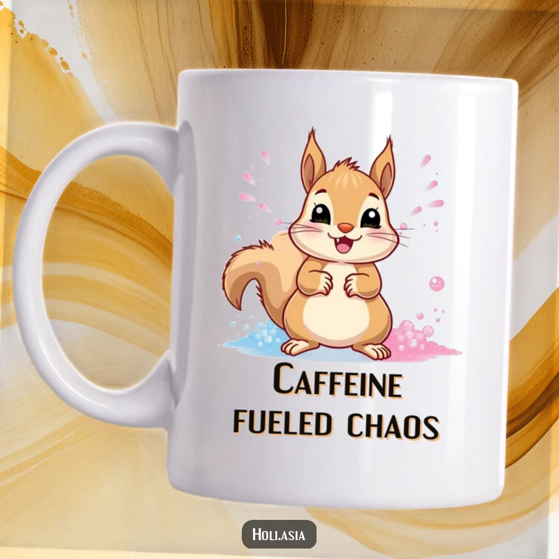 Funny Mug: A cheerful squirrel gleefully throws streams of vibrant powder with its paws, creating a colorful explosion.