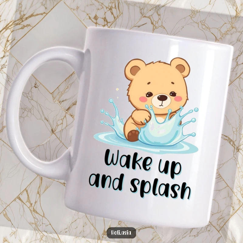 Funny Mug: A curious bear cub playfully dodges a splash of bright, colorful liquid with a surprised yet fun expression.