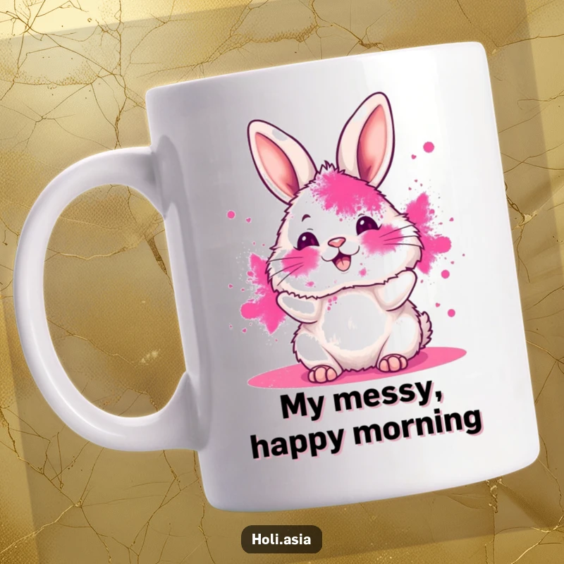 Funny mug showing a fluffy bunny with its face smeared in vibrant pink powder, joyfully tossing more color in a playful Holi celebration.