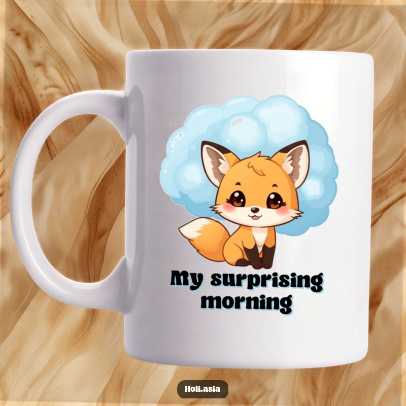 Funny mug featuring a small fox cub peeking from behind a large blue powder cloud, its eyes wide with pure delight and curiosity.