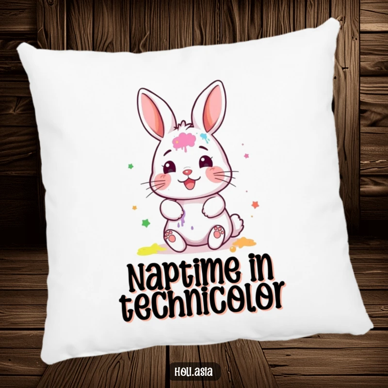 Funny Pillow: A tiny bunny with a painted face gleefully smears colorful powder, creating a cute and messy artistic scene.