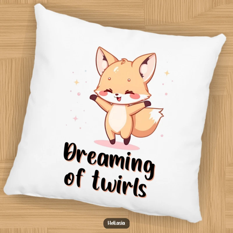 Funny Pillow: A happy fox cub dances with a scattering of iridescent powder around it, creating a cozy and magical decorative piece.