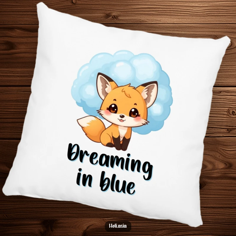 Funny pillow featuring a small fox cub peeking from behind a large blue powder cloud, eyes wide with delight, perfect for cozy fun.