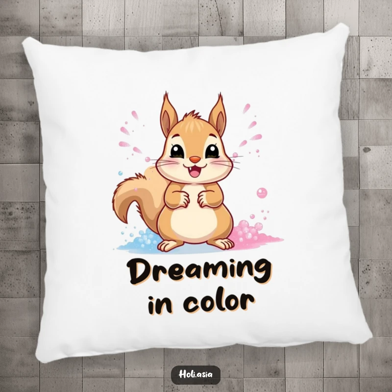 Funny Pillow: A cheerful squirrel is captured mid-action, throwing streams of vibrant powder with its paws in a fun display.
