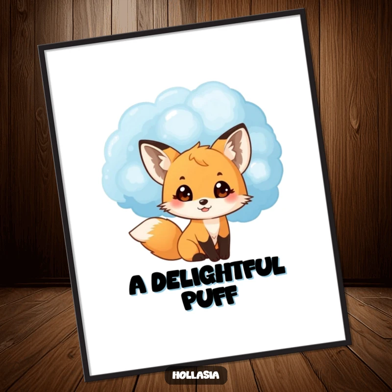 Funny digital art print of a small fox cub peeking from behind a large blue powder cloud, eyes wide with delight, perfect for charming decor.