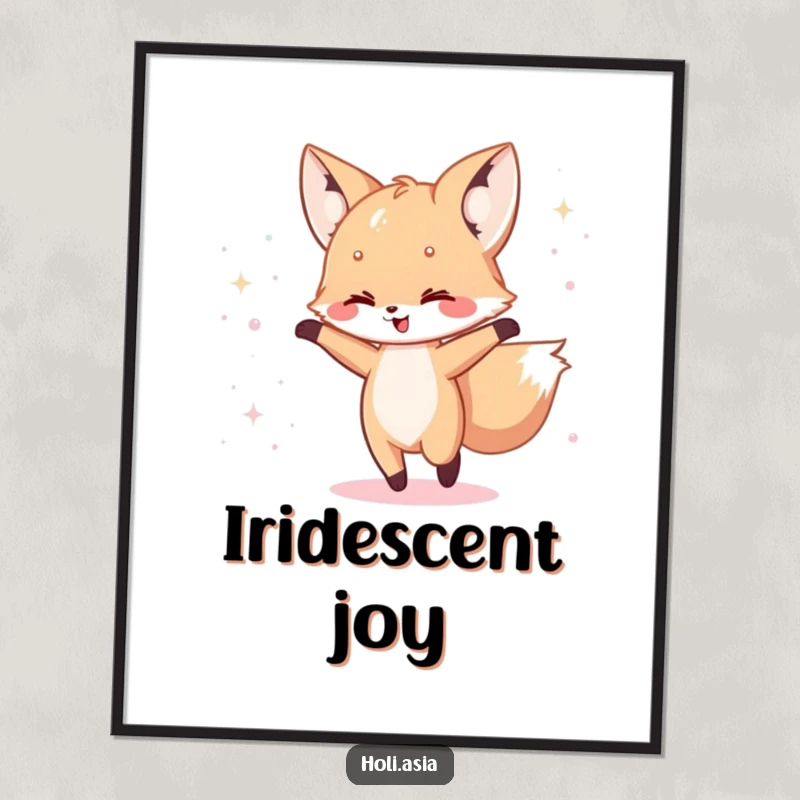 Funny Digital Art Print: A happy fox cub dances with a scattering of iridescent powder around it, creating a scene of pure, joyful magic.