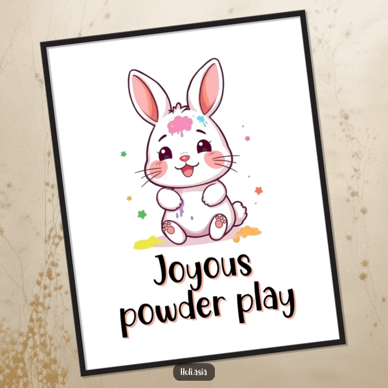Funny Digital Art Print: A tiny bunny with a painted face gleefully smears colorful powder, showcasing vibrant artistic chaos.