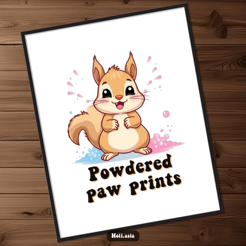 Funny Digital Art Print: A cheerful squirrel throws streams of vibrant powder with its paws, creating a dynamic and colorful scene.