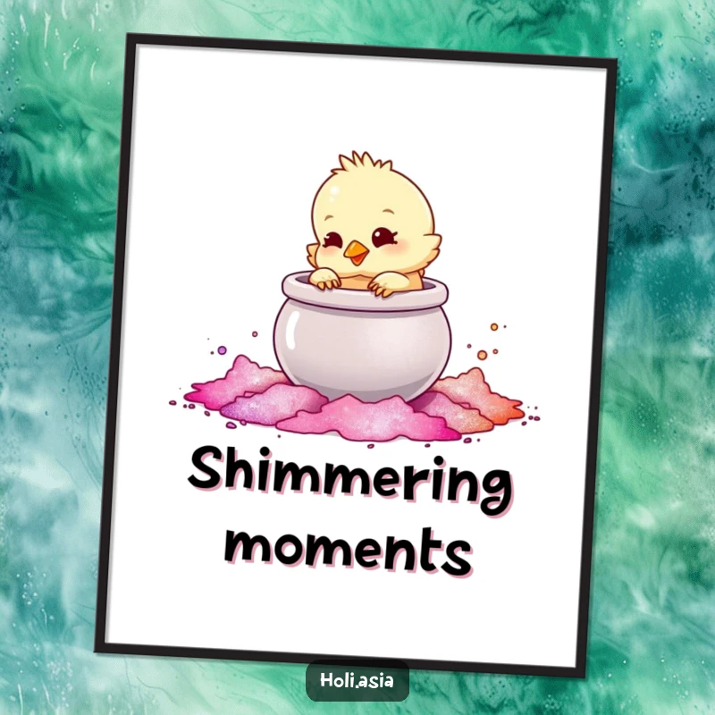 Funny Digital Art Print: A fluffy chick playfully taps a large, shimmering pot of colored powder, creating a scene of cute wonder.