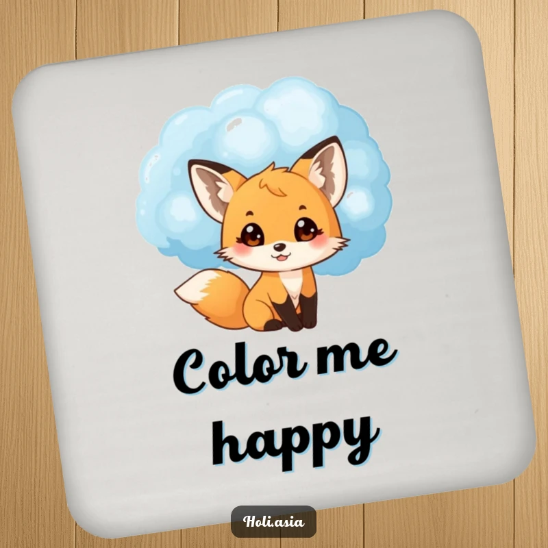 Funny drink coaster featuring a small fox cub peeking from behind a large blue powder cloud, eyes wide with delight, adding fun.