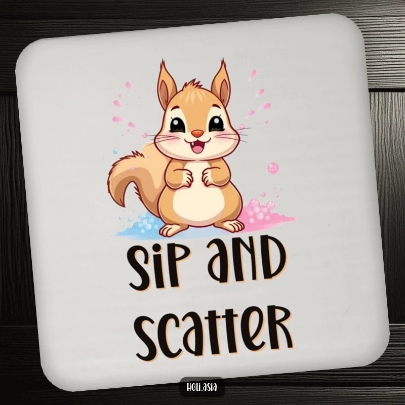 Funny Coaster: A cheerful squirrel throws streams of vibrant powder with its paws, protecting surfaces with playful energy.