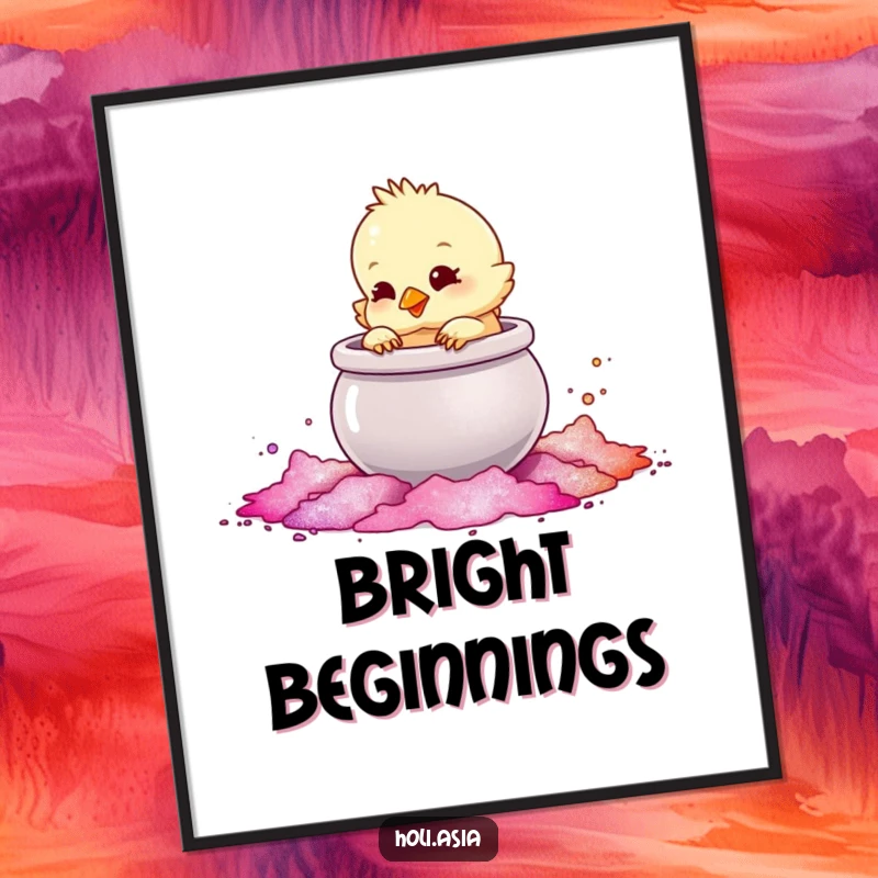Funny Poster: A fluffy chick playfully taps a large, shimmering pot of colored powder, creating a scene of innocent curiosity.