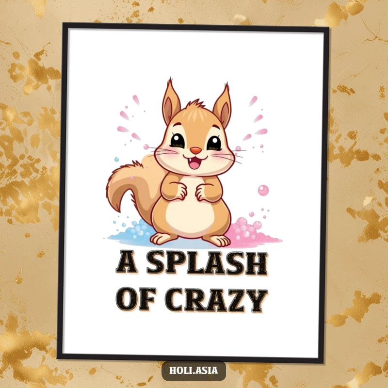 Funny Poster: A cheerful squirrel energetically throws streams of vibrant powder with its paws, creating a lively, colorful scene.