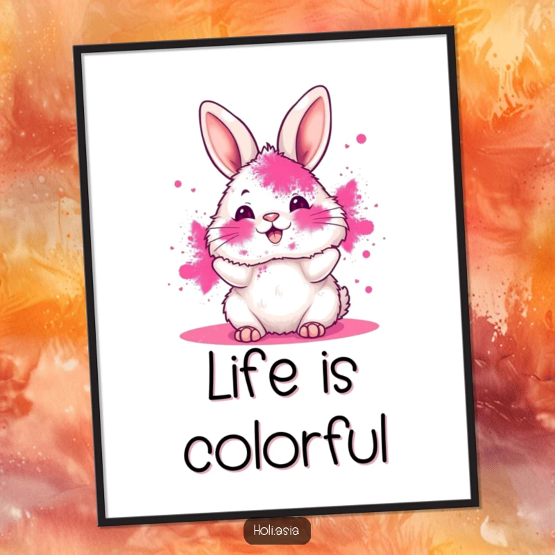Funny poster art of a fluffy bunny with its face smeared in vibrant pink powder, joyfully tossing more color, capturing playful celebration.
