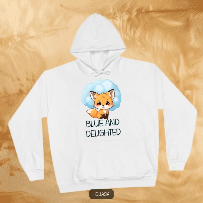 Funny hoodie featuring a small fox cub peeking from behind a large blue powder cloud, eyes wide with delight, perfect for cozy fun.