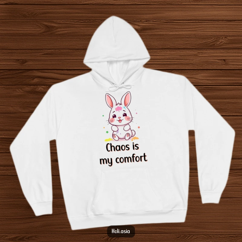 Funny Hoodie: A tiny bunny artist proudly smearing vibrant powder all over its face with gleeful abandon.