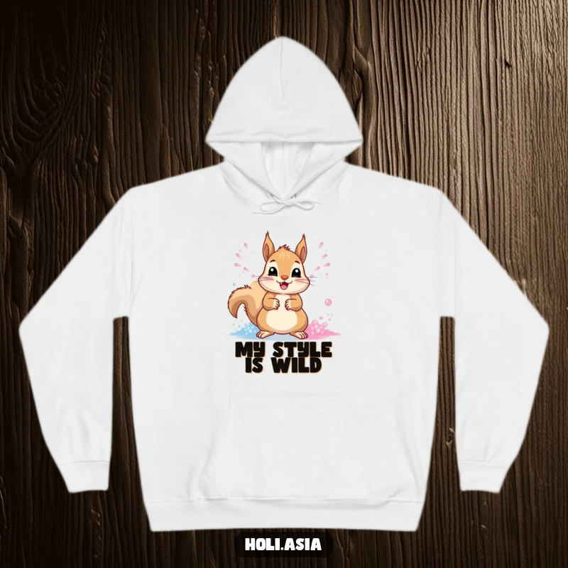 Funny Hoodie: A cheerful squirrel happily throws streams of vibrant powder with its paws, creating a colorful celebratory moment.