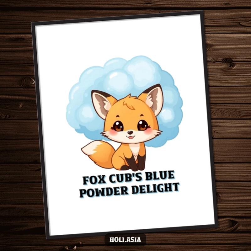 Funny Free Printable Wall Art featuring a small fox cub peeking from a blue powder cloud, eyes wide with delight.