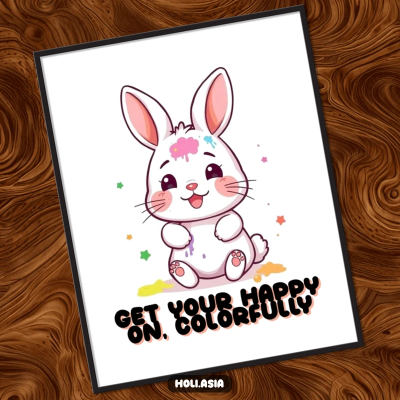 Funny Free Printable Wall Art: A tiny bunny with a painted face gleefully smears colorful powder, creating joyful art.