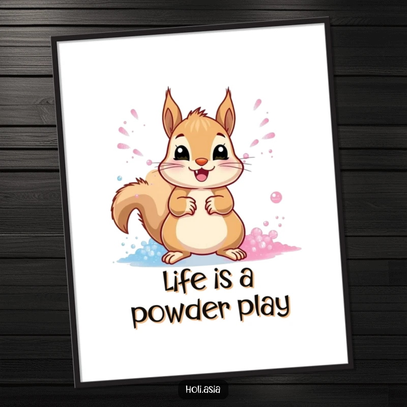 Funny Free Printable Wall Art: A cheerful squirrel throws streams of vibrant powder with its paws, creating energetic art.