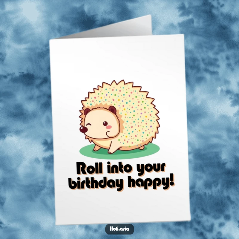 Funny Free Printable Birthday Card featuring a giggling hedgehog covered in colorful speckles, rolling with infectious happiness.