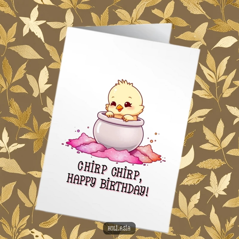 Funny Free Printable Birthday Card: A fluffy chick playfully taps a large, shimmering pot of colored powder, ready for fun.