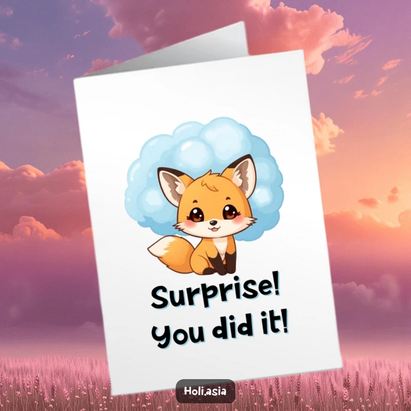 Funny Free Printable Congratulations Card showing a fox cub peeking from a blue powder cloud with eyes full of delight.