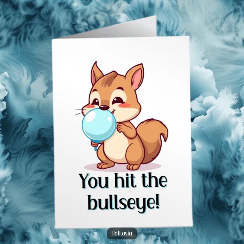 Funny Free Printable Congratulations Card: A squirrel about to toss a water balloon, celebrating a great achievement with glee.