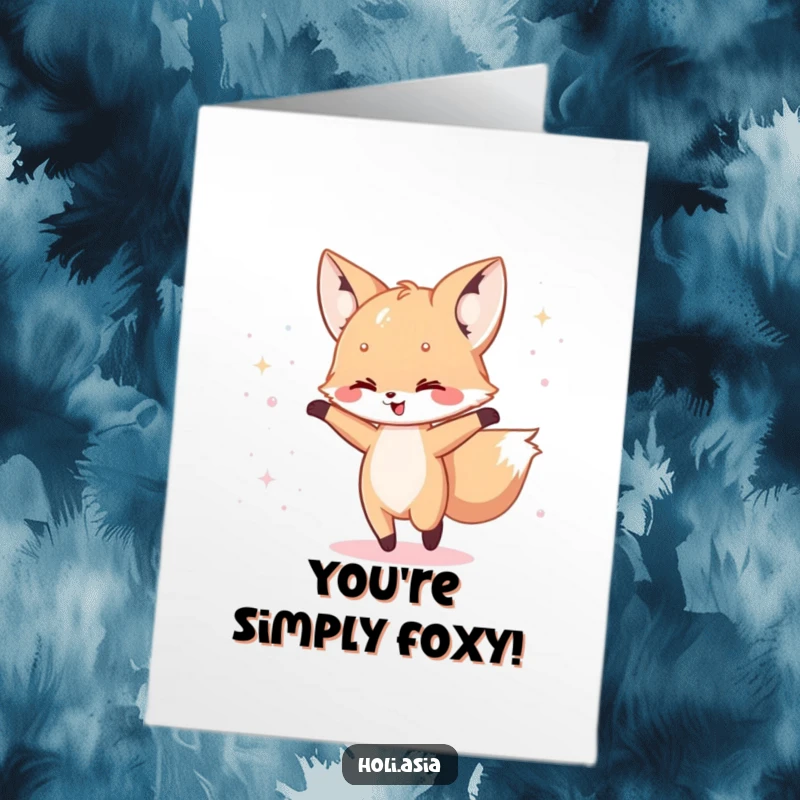 Funny Free Printable Congratulations Card: A happy fox cub dances with iridescent powder, celebrating success with sparkle.