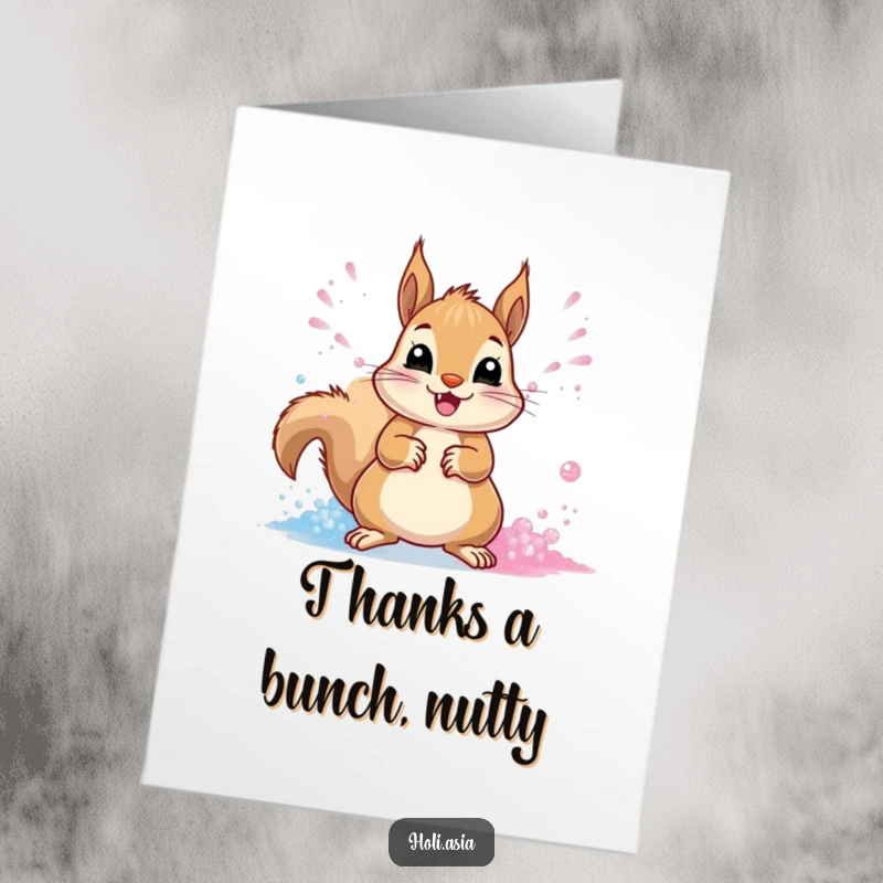 Funny Free Printable Thank You Card: A cheerful squirrel throws streams of vibrant powder, sending colorful thanks.