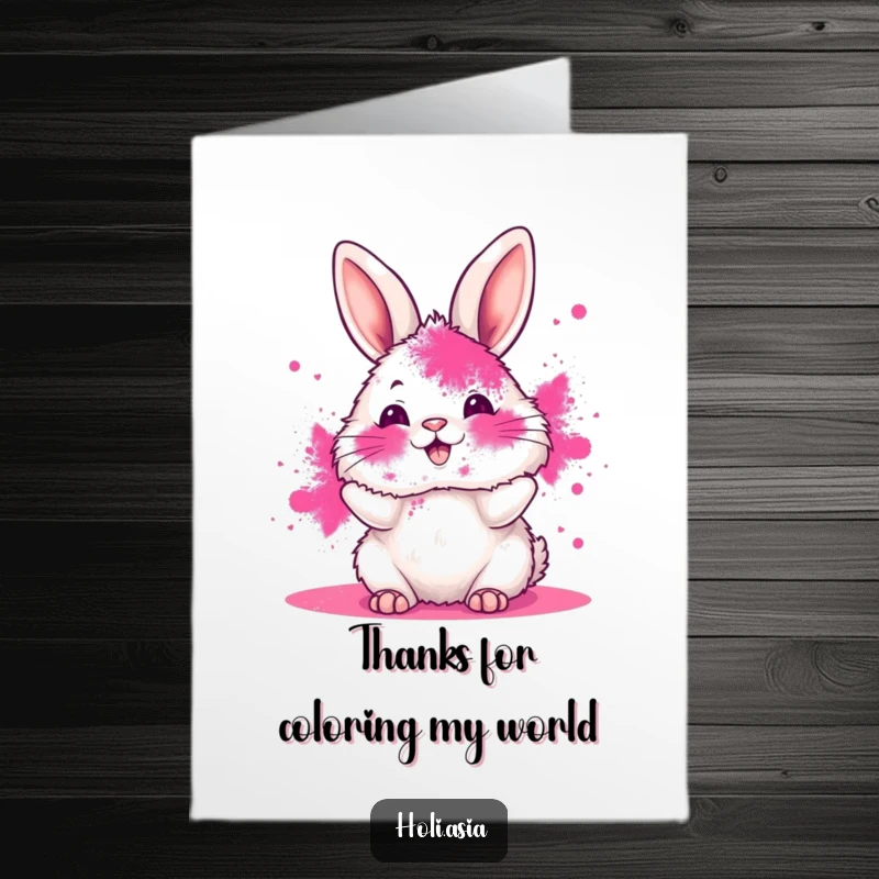 Funny Free Printable Thank You Card of a bunny with a pink powder face joyfully throwing colorful powder.