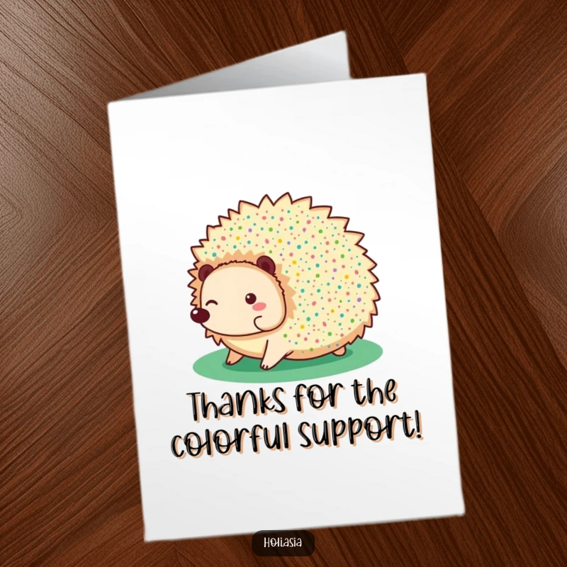 Funny Free Printable Thank You Card: A giggling hedgehog covered in colorful speckles, expressing thanks with a happy roll.