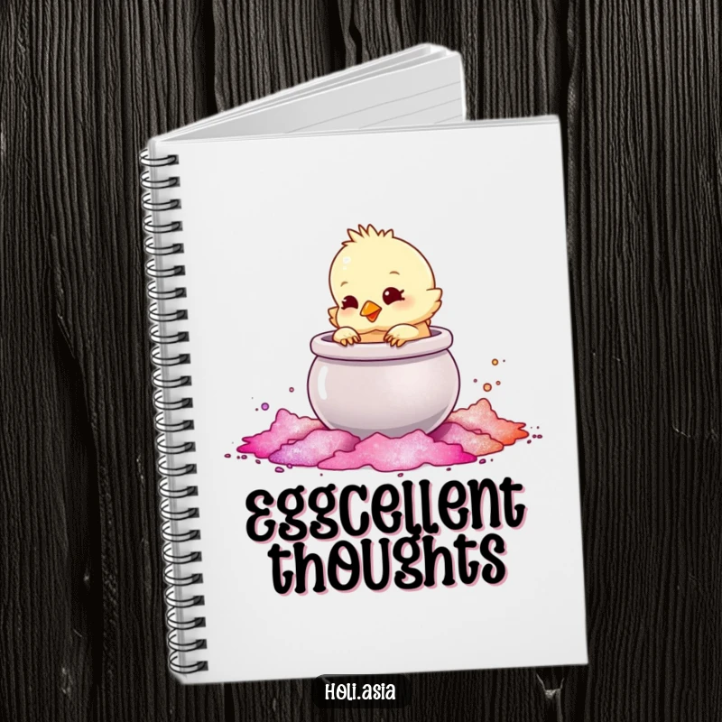 Funny Notebook: A fluffy chick playfully taps a large, shimmering pot of colored powder, perfect for jotting down sparkling ideas.