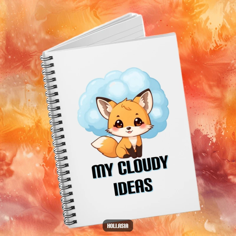 Funny notebook featuring a small fox cub peeking from behind a large blue powder cloud, eyes wide with delight, ideal for creative notes.