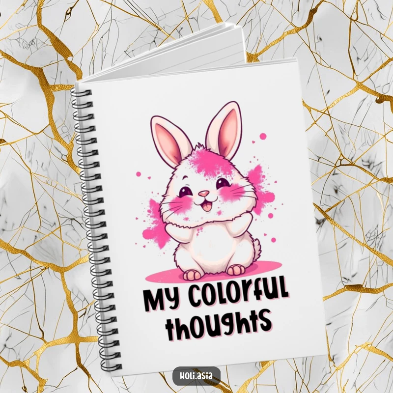 Funny notebook featuring a fluffy bunny with its face smeared in vibrant pink powder, joyfully tossing more color, ideal for colorful notes.