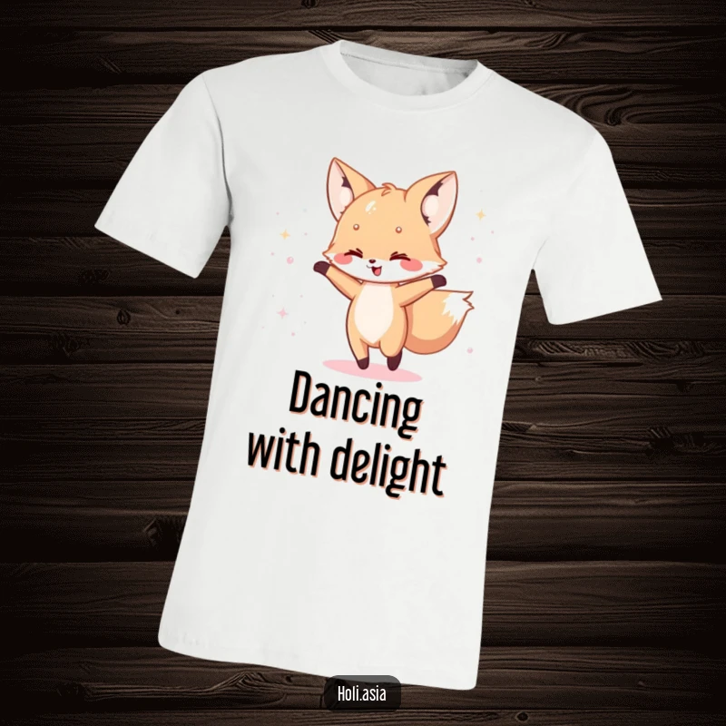 Funny T-Shirt: A happy fox cub dances playfully, surrounded by a scattering of shimmering, iridescent powder.