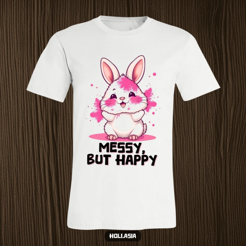 Funny t-shirt depicting a fluffy bunny with a face smeared in vibrant pink powder, joyfully tossing more color, capturing pure delight.