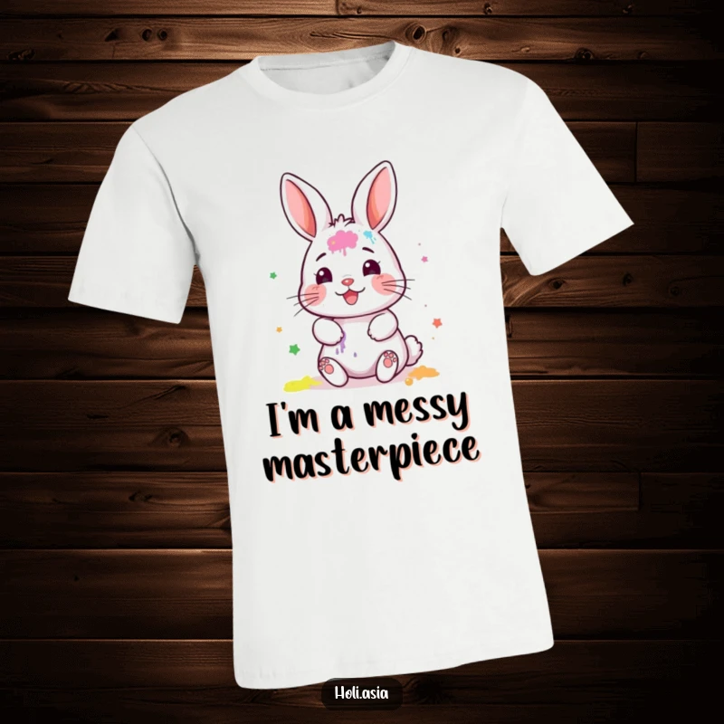 Funny T-Shirt: A tiny bunny with painted face smears colorful powder gleefully, showing off its messy artistic joy.