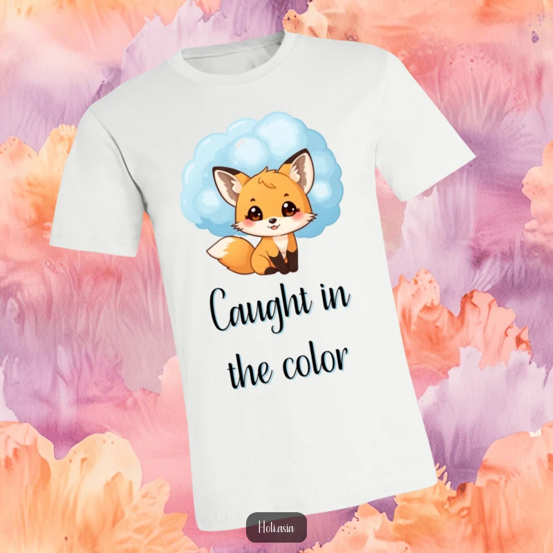 Funny t-shirt with a small fox cub peeking from behind a large blue powder cloud, eyes wide with delight and innocent joy.