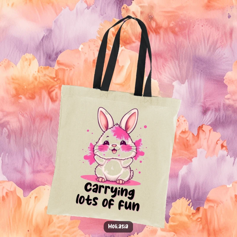 Funny tote bag with a fluffy bunny, face smeared in pink powder, joyfully tossing more color, perfect for colorful outings.