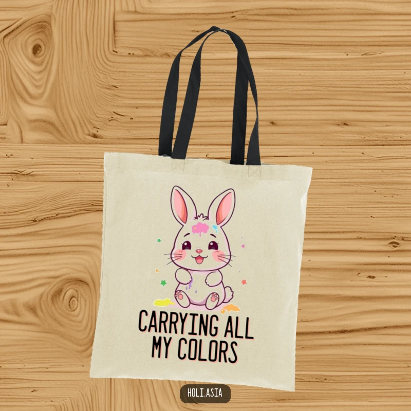 Funny Tote Bag: A tiny bunny with a painted face joyfully smears colorful powder, creating a delightful artistic mess.