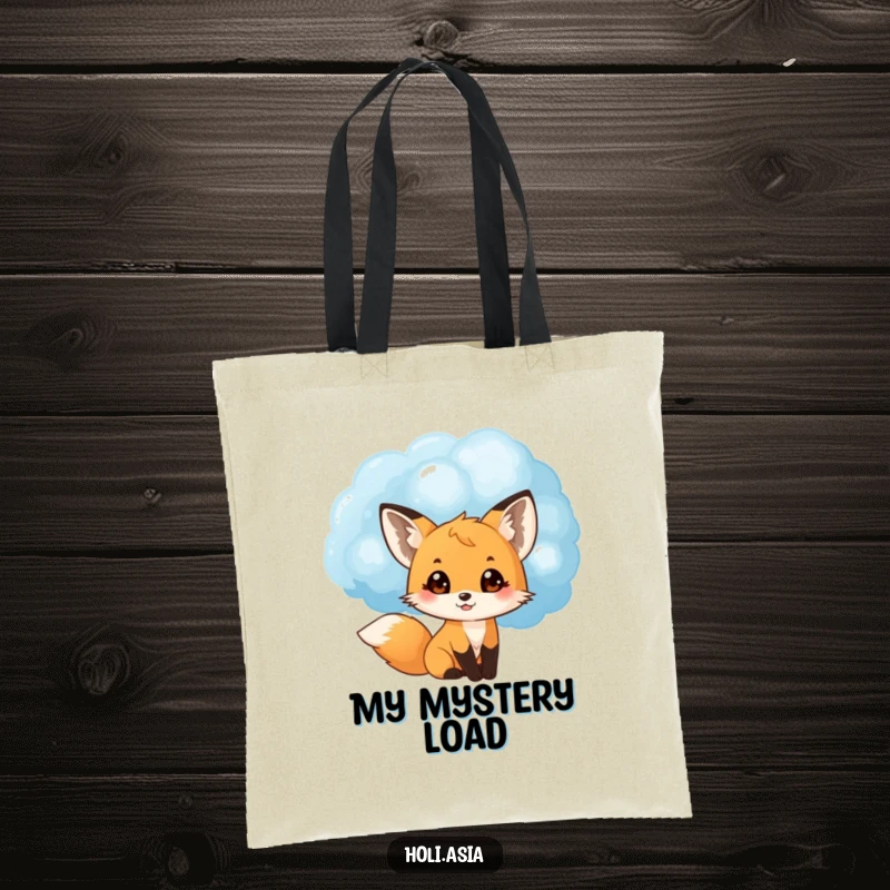 Funny tote bag with a small fox cub peeking from behind a large blue powder cloud, eyes wide with delight, ready for adventures.